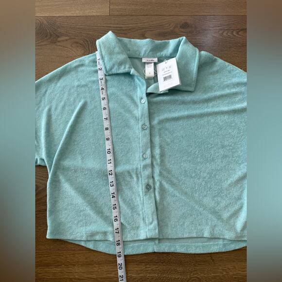 NWT Andie Swim The Cropped Button Up Short Sleeve Shirt Terry Cloth Blue Small - Picture 9 of 9
